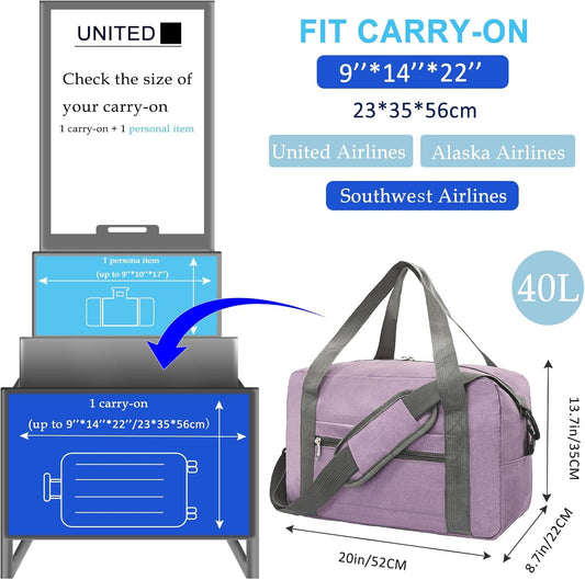 Foldable Carry on Luggage Bag 22x14x9 Personal Item Bag for Airplanes Travel Duffel Bag for Women and Men (40L, Purple)