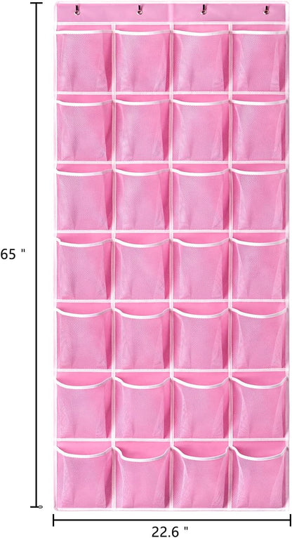 KEEPJOY 28 Pockets Hanging Shoe Organizer, Over the Door Shoe Organizer, Hanging Door Shoe Holder Rack with Mesh Pockets Large Size 65 x 23 Inch (Pink-1Pack)