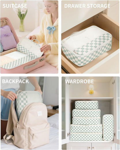 Narwey 7 Set Checkered Packing Cubes for Travel Carry on Suitcase Luggage Organizer Bags for Kids Women Men, Durable Packing Organizers Bag, Travel Essentials Accessories (Mint Green Checkerboard)