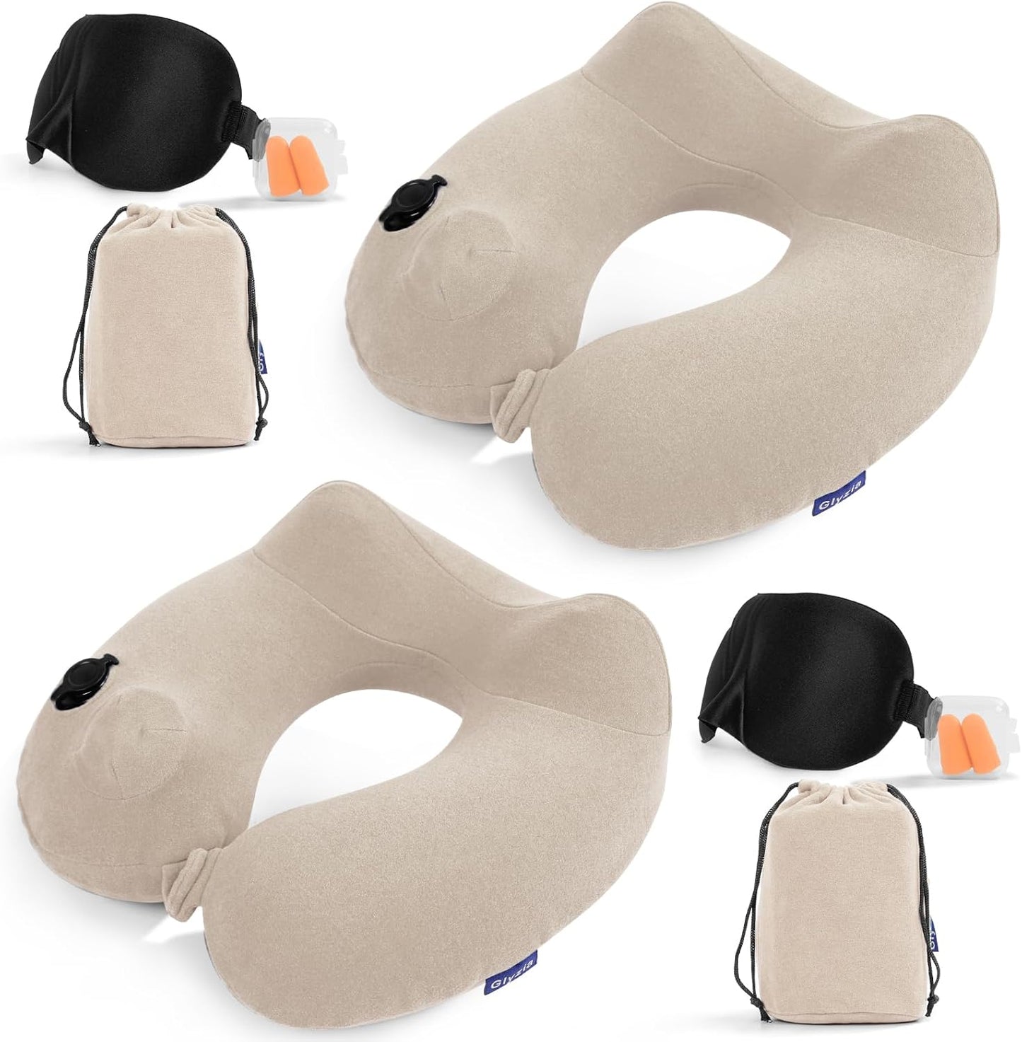 2 Pack Inflatable Travel Neck Pillows for Airplanes, Head Support Velvet Adult Neck Pillows for Long Flight, Kit with Eye Mask, Earplugs and Storage Bag, 2, Beige