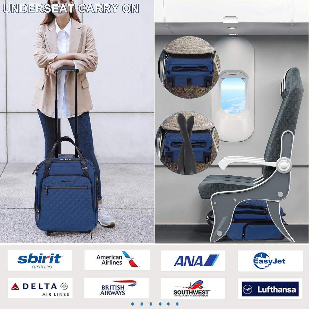 EMPSIGN Underseat Carry On Wheeled - 16" Carry on Bag with Wheels Multi-functional Lightweight Rolling Bag Overnight Weekender Small Suitcase for Women Men Travel Business, Haze Blue