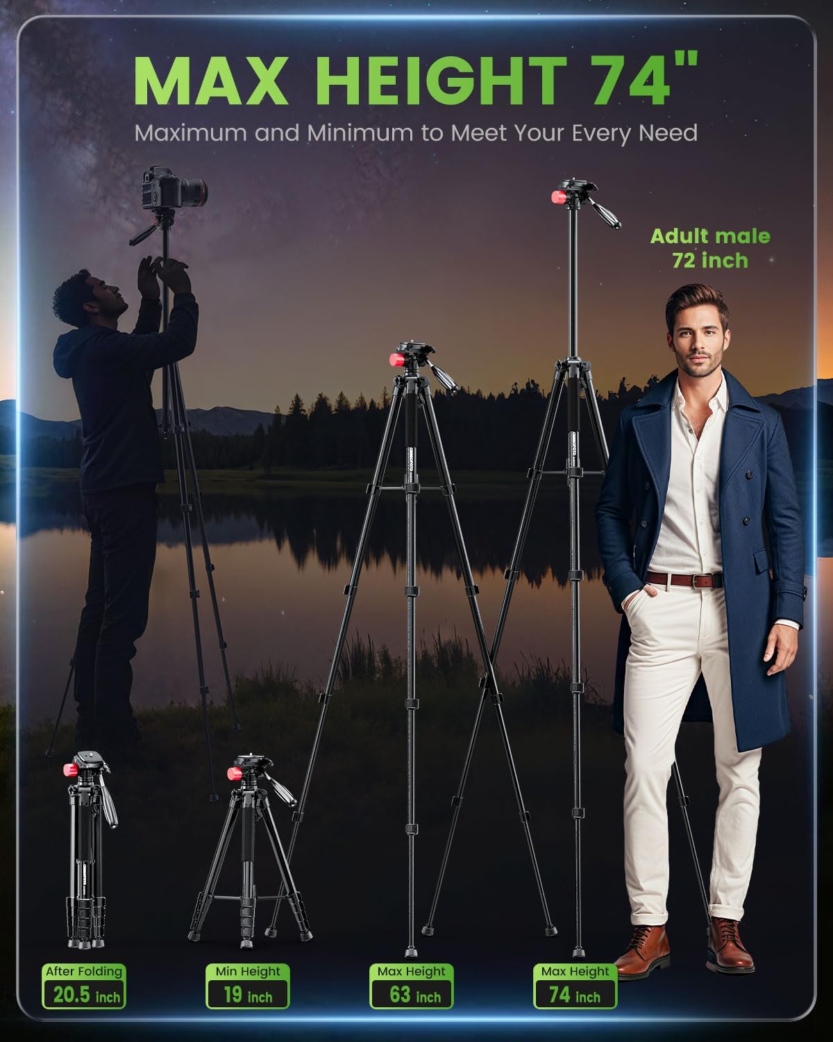 74"-Camera-Tripod, Porfessional Aluminum Heavy Duty Tripod Stand for Mirrorless Camera/DSLR/Cell Phone/Camcorder, with Holder and Travel Bag