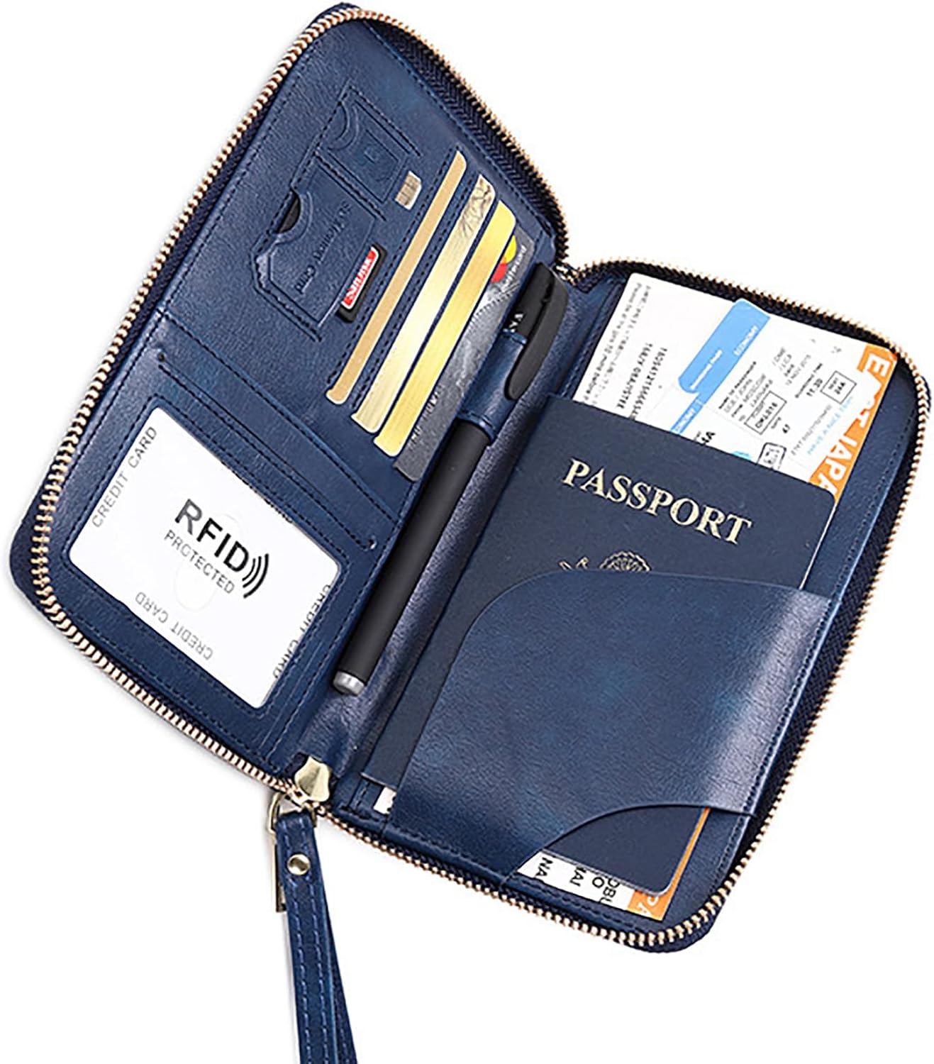 Rowgins Rfid Blocking Passport Holder Wallet, Rowgins Rfid Passport Holder with Zipper, PU Leather PassportHolder for Travel (DARK BLUE)