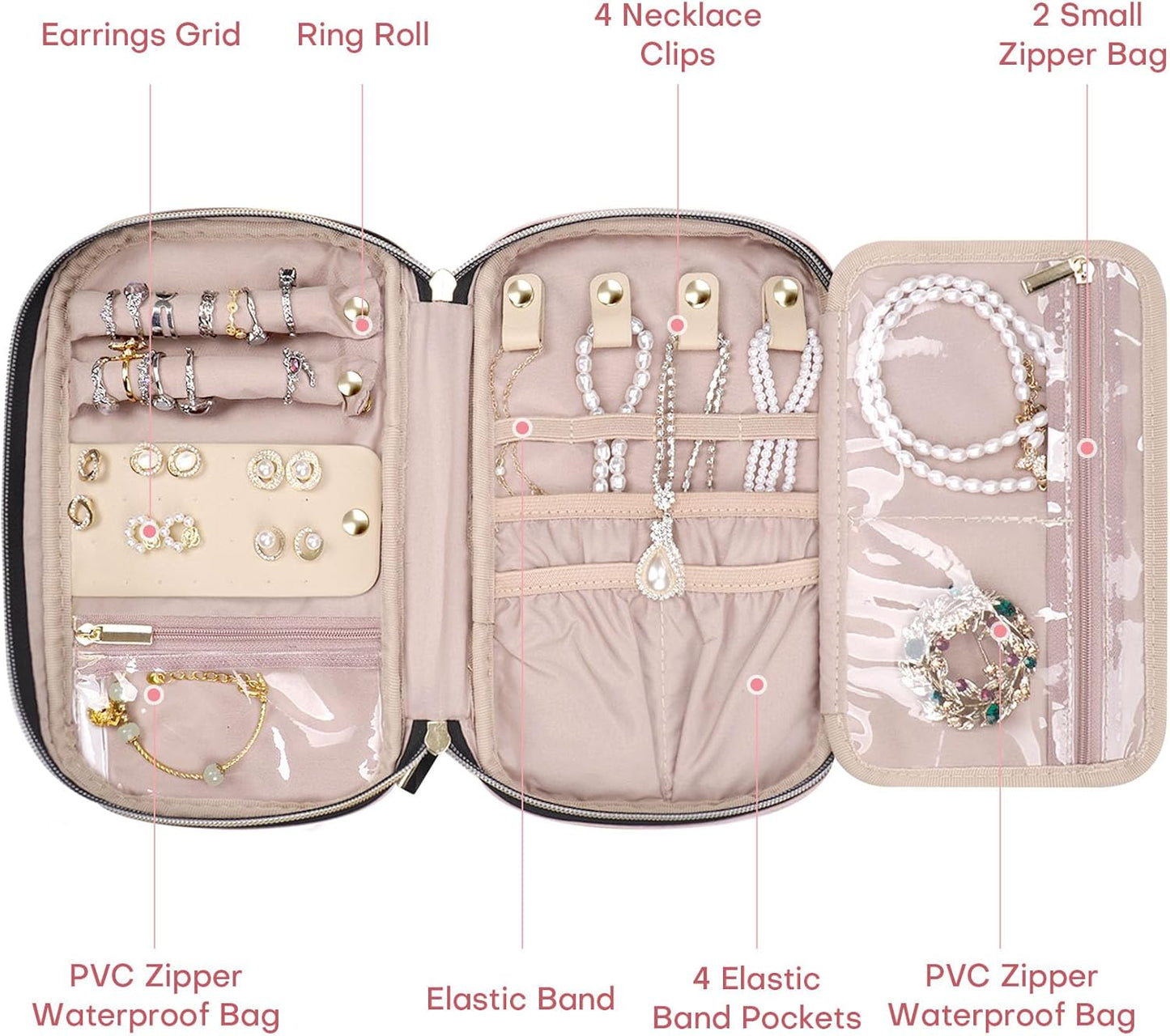 Jewelry Travel Case Organizer for Necklaces, Earrings, Rings, Bracelet, Watch, Soft Sided, Pink