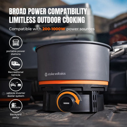 Nomad Cooking System, Electric Camping Stove 200-1000W with Pan & Pot, 120V Portable Outdoor Cooking Gear Set, Windproof Cookware for RV, EV, Overland, Vanlife, Car Camping