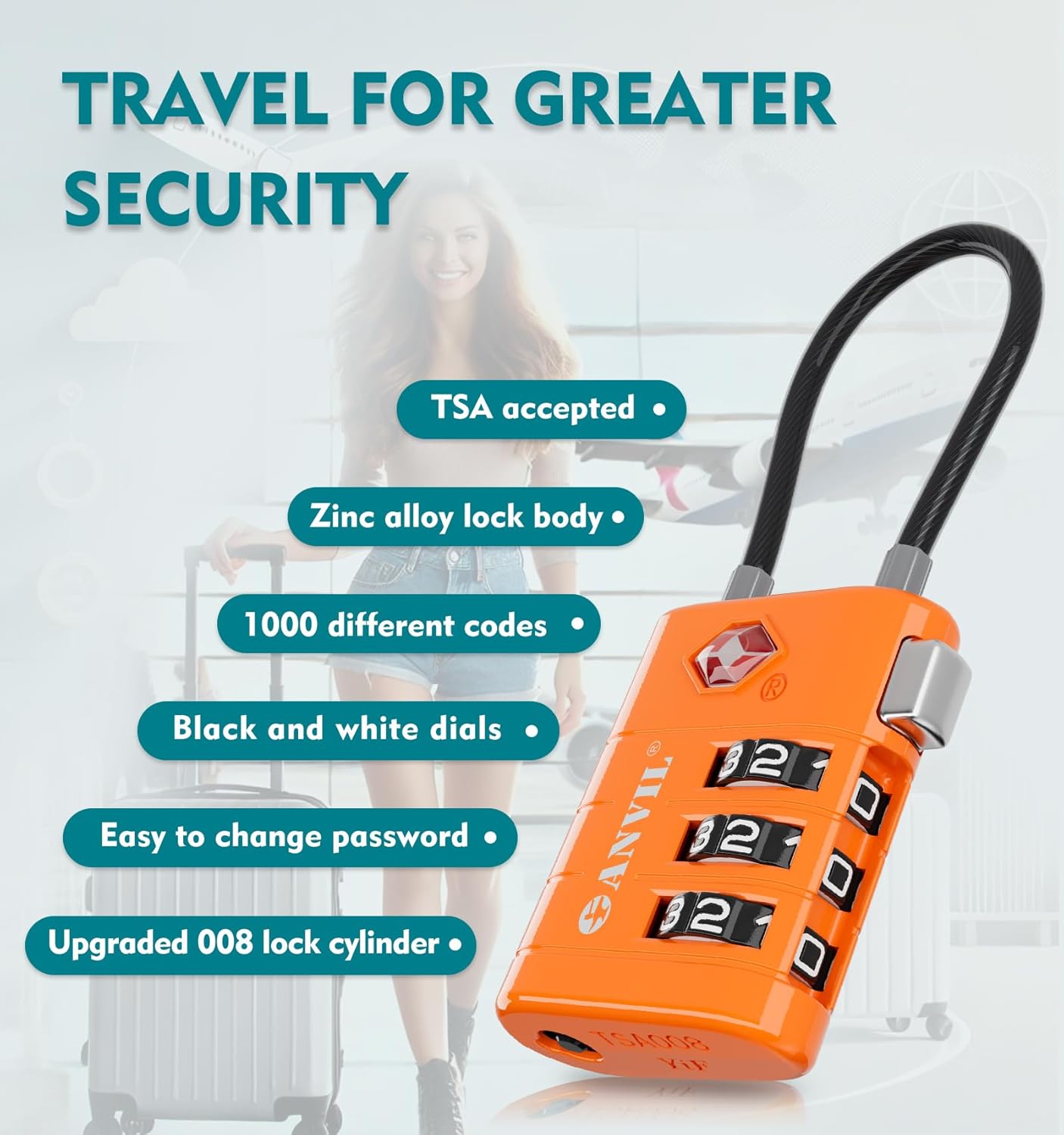 ANVIL TSA Approved Luggage Locks – High Security TSA008 Combination Travel Locks with Inspection Indicator for Suitcases and Backpacks. (2, Orange)