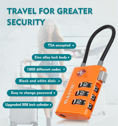ANVIL TSA Approved Luggage Locks – High Security TSA008 Combination Travel Locks with Inspection Indicator for Suitcases and Backpacks. (3, Orange)