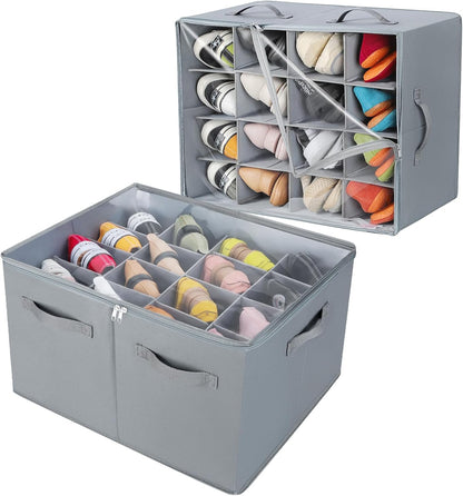 Shoe Organizer for Closet 2 Pack, Foldable Shoe Box with Adjustable Dividers and Clear Cover, Space Saving Shoe Storage Organizer Cabinet with Reinforced Handles, Fits 32 Pairs, Gray, TP12G