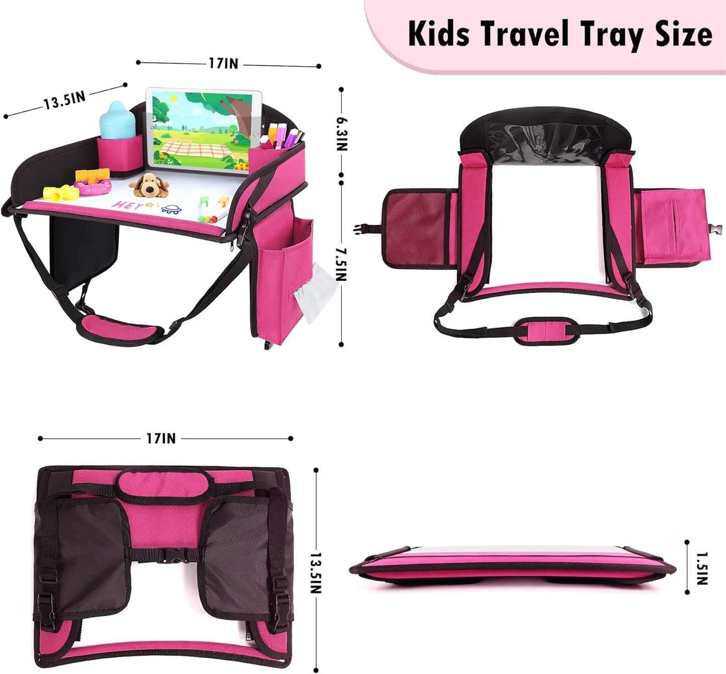 Kids Travel Tray for Airplane - Toddler Car Seat Table Tray, Road Trip Essentials for Boys & Girls, Carseat Lap Desk for Kids Road Trip Activities (Pink)