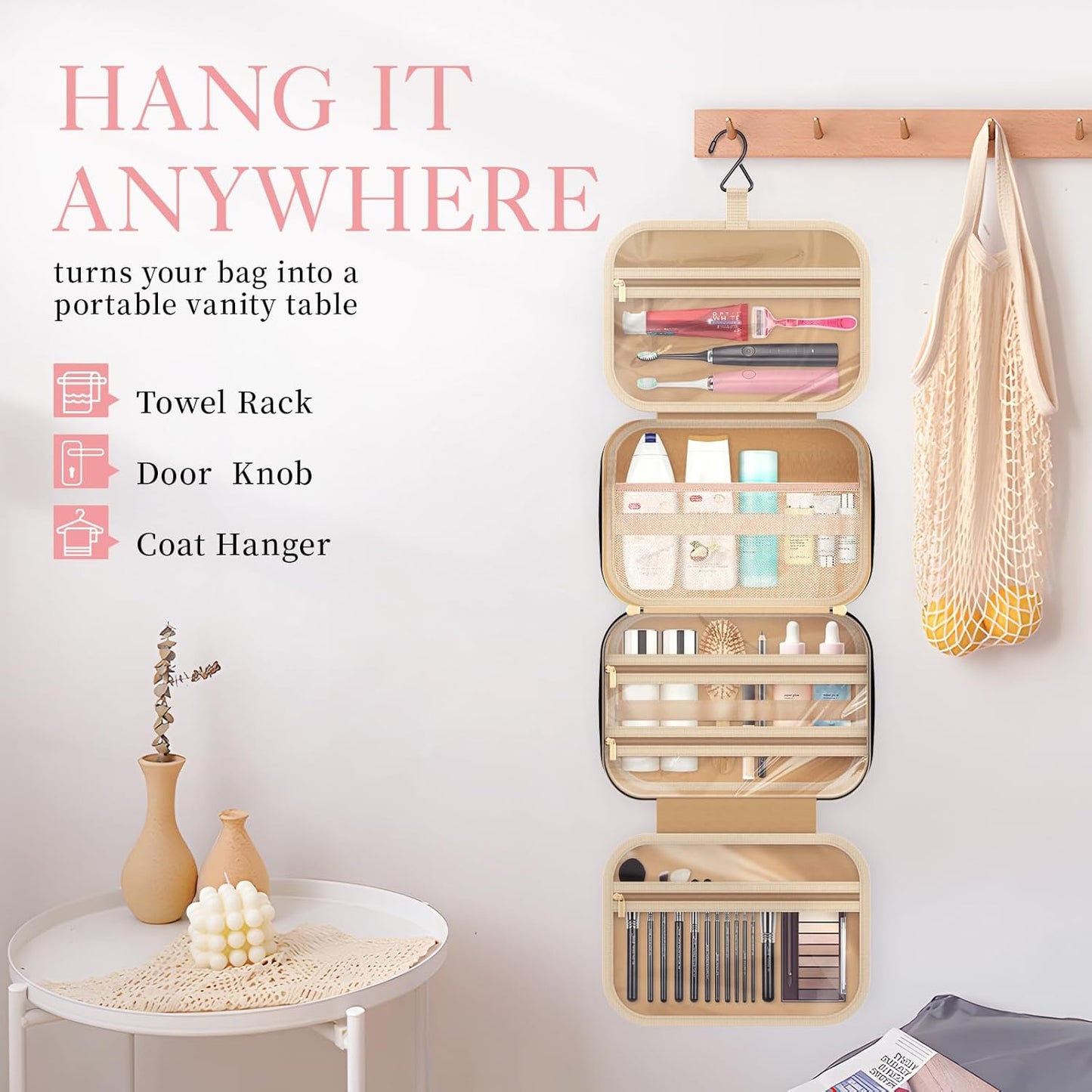 HOTOR Travel Toiletry Bag w/Hanging Hook - Spacious Toiletry Bag Essentials for Women & Men, Makeup Bag/Big Comparment, Waterproof for Travel Accessories, Medium, Black