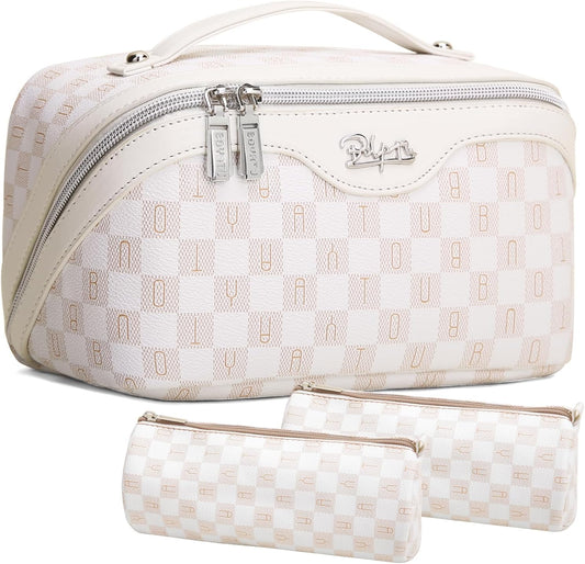 BOYATU Travel Makeup Bag Cosmetic Bags for Women: 3 Pcs Set Portable Make up Bag with Handle - Vegan Leather Toiletry Bags with Compartments - Makeup Organizer for Travel Essentials(02-White)