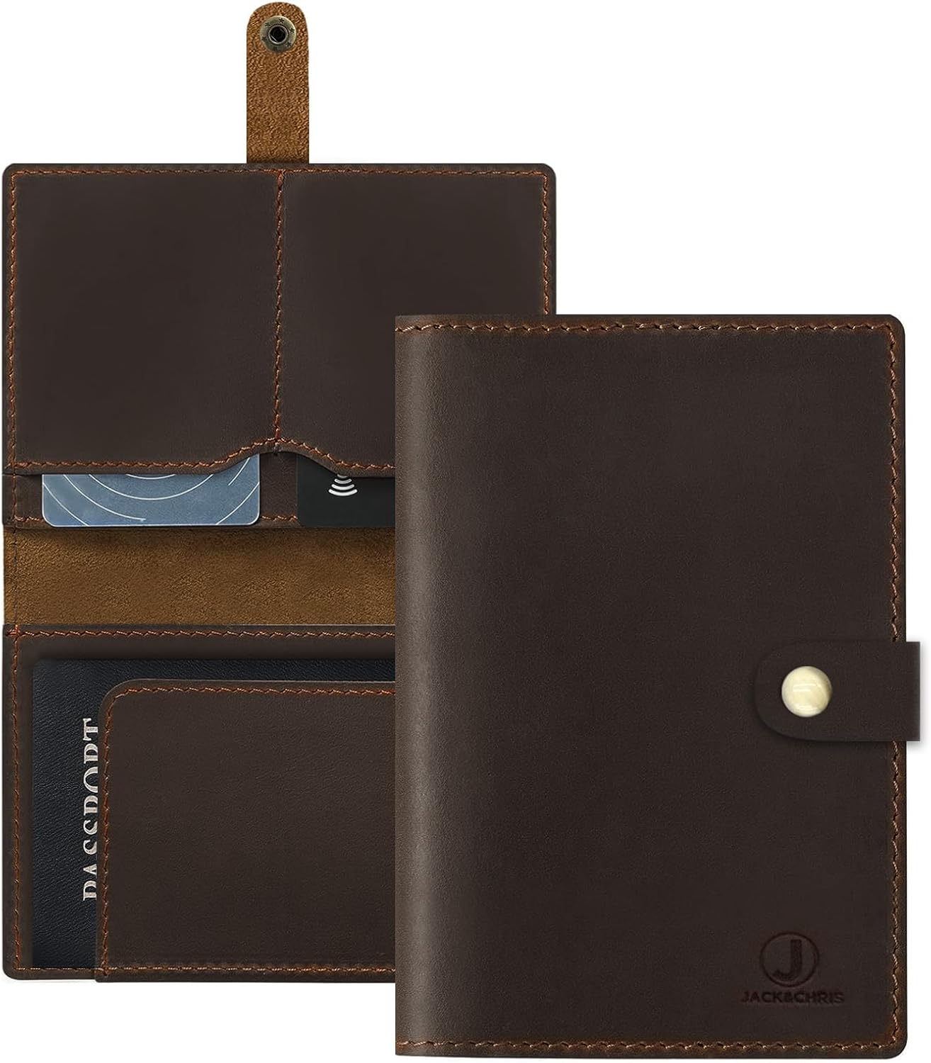 Jack&Chris Genuine Leather Passport Holder For Travel, RFID Blocking Handmade Passport Holder with Card Case Organized & Safe, Quality Travel Essentials for Women and Men for Gifting, Coffee