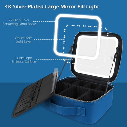 MOMIRA Travel Makeup Bag Cosmetic Bag Makeup Organizer Bag with Lighted Mirror, Adjustable Brightness in 3 Color Scenarios, Waterproof Makeup Train Case, Gift for Women - Cyan Blue