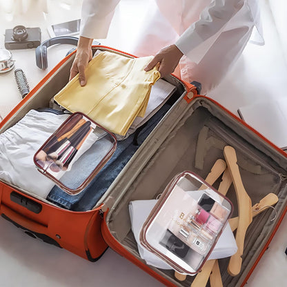 4Pcs Crystal Clear PVC Travel Toiletry Bag Kit for Women Men, Waterproof Vinyl Packing Organizer Storage Bags with Zipper Handle Straps, Cosmetic Pouch Carry on Airport Airline Compliant Bag Handbag