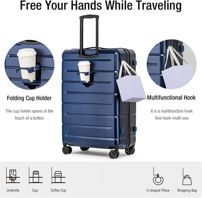 KYME Suitcases with Wheels Hardshell 30 Inch Luggage TSA Approved Large Checked Luggage Durable Travel Rolling Suitcase with Cup Holder for Women Men Navy