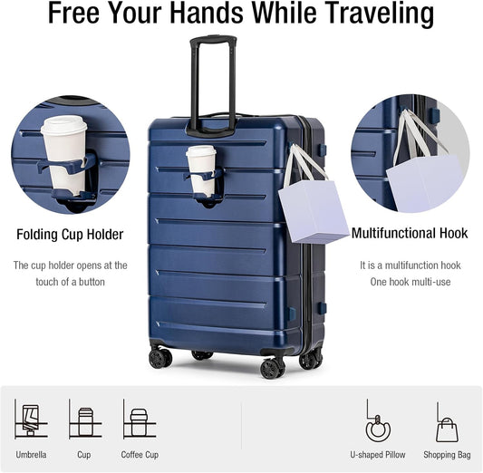 KYME Suitcases with Wheels Hardshell 30 Inch Luggage TSA Approved Large Checked Luggage Durable Travel Rolling Suitcase with Cup Holder for Women Men Navy