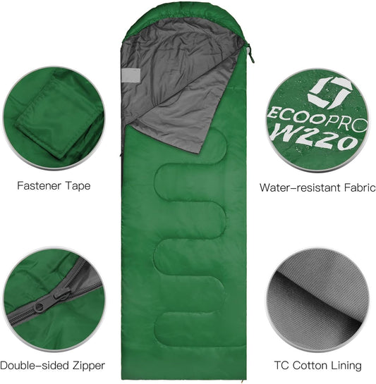 ECOOPRO Warm Weather Sleeping Bag - Portable, Waterproof, Compact Lightweight, Comfort with Compression Sack - Great for Outdoor Camping, Backpacking & Hiking-83 L x 30" W Fits Adults