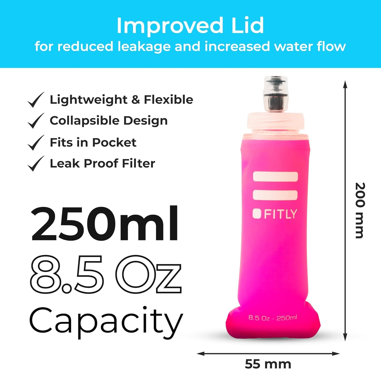 FITLY Soft Flask - Shrink As You Drink Soft Water Bottle for Hydration Pack - Folding Water Bottle Ideal for Running, Hiking, Cycling, Climbing & Rigorous Activity