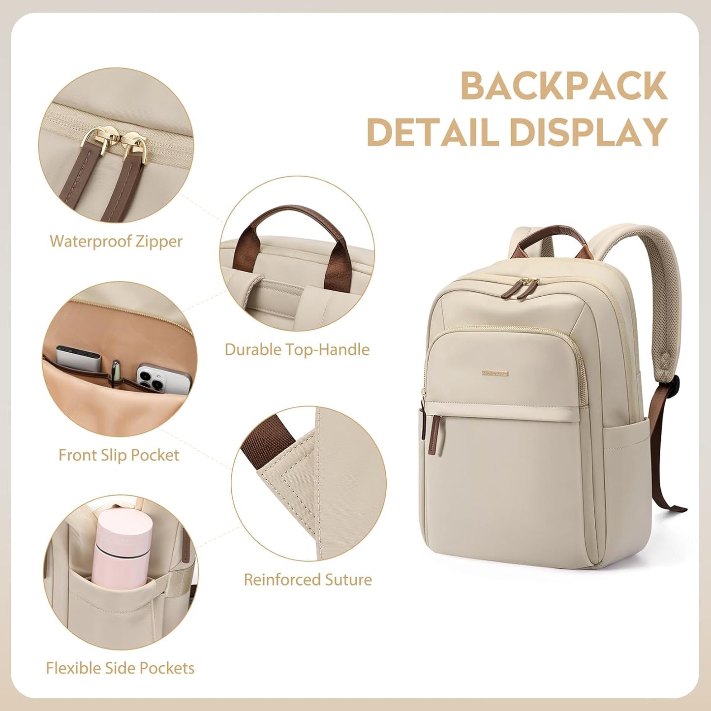 Hiking Travel Backpack for Women Casual Business Weekender Multilayer Laptop Bag,16 Inch,Apricot