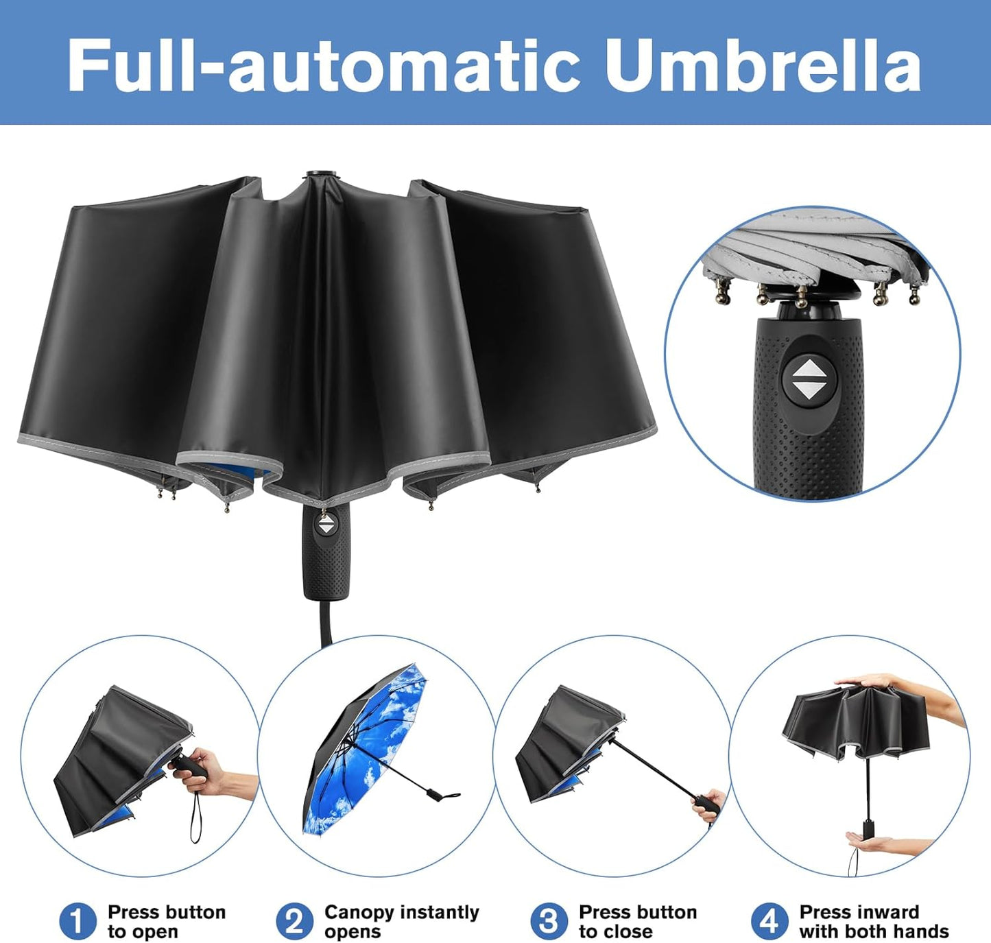 G4Free 42 Inch Eco Windproof Folding Umbrella for Rain & Sun 9 Ribs Wind Resistant Strong Fiberglass Double Canopy with Reflective Strip for Women Men Auto Open Close For Car & Backpack