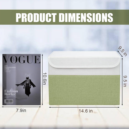 Large 22 Quart Linen Fabric Foldable Storage Bin Cube Organizer Basket with Flip-Top Lid & Handles, Clothes Blanket Box for Home, Office, Closet, Green & White, 4 Pack 14.6 x 9.5 x 9.5