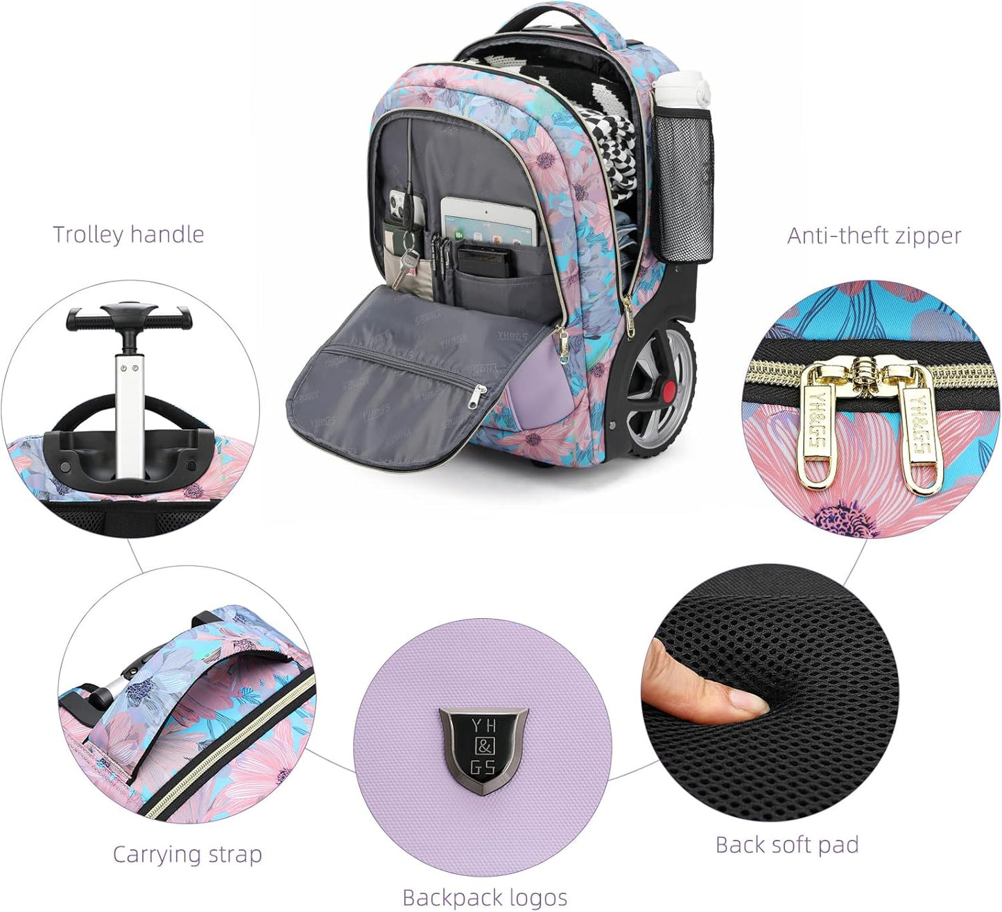 Rolling Backpack,Waterproof Backpack with Wheels for Business and Travel Commuter, Carry on Backpack with Laptop Compartment, Fit 17 Inch Laptop, Wheeled Backpack for Adults