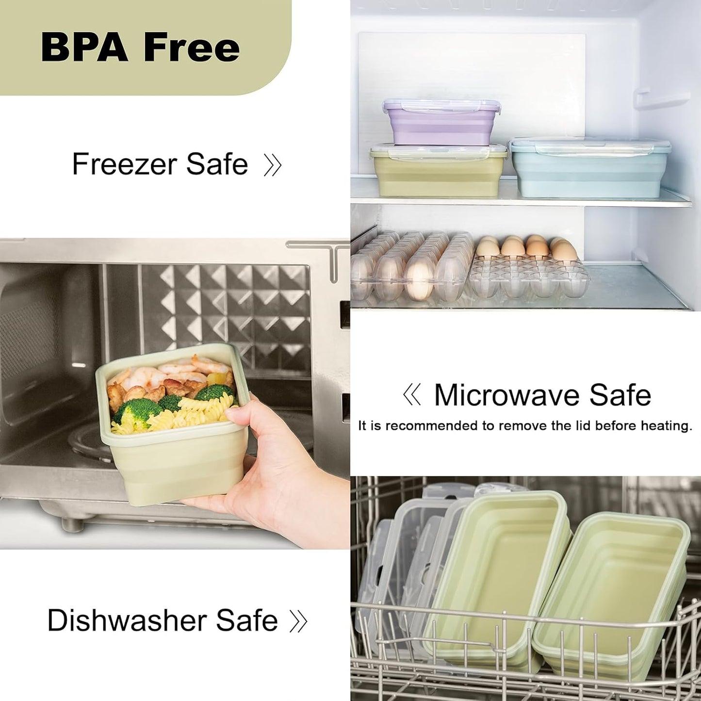 Large Collapsible Food Containers with Lids for Camping & Travel | Leak-Proof Silicone Storage Bowls,2000ml/1200ml/800ml, Dishwasher, Microwave Freezer Safe - Set of 3