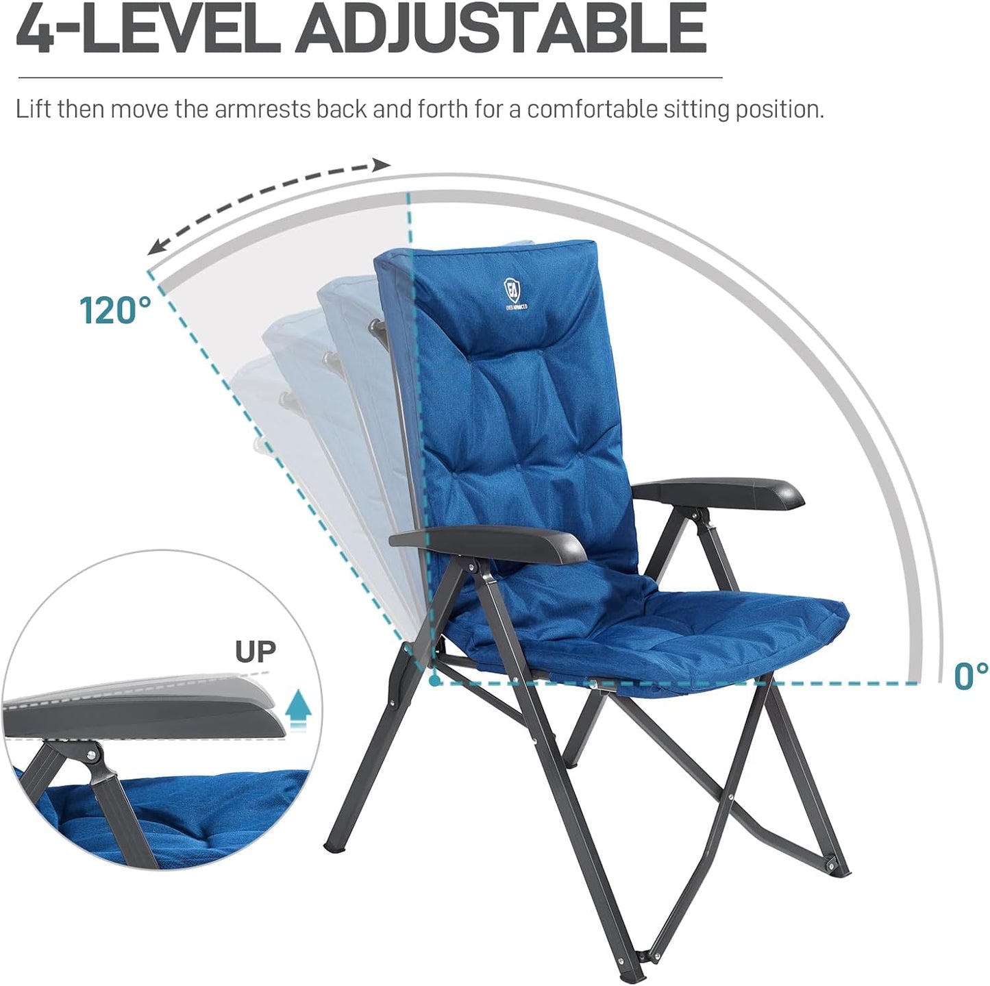 EVER ADVANCED Folding Padded Camping Chair 4 Positon Adjustable Recliner with High Back Support Portable for Adults, 300lbs Weight Capacity, Blue