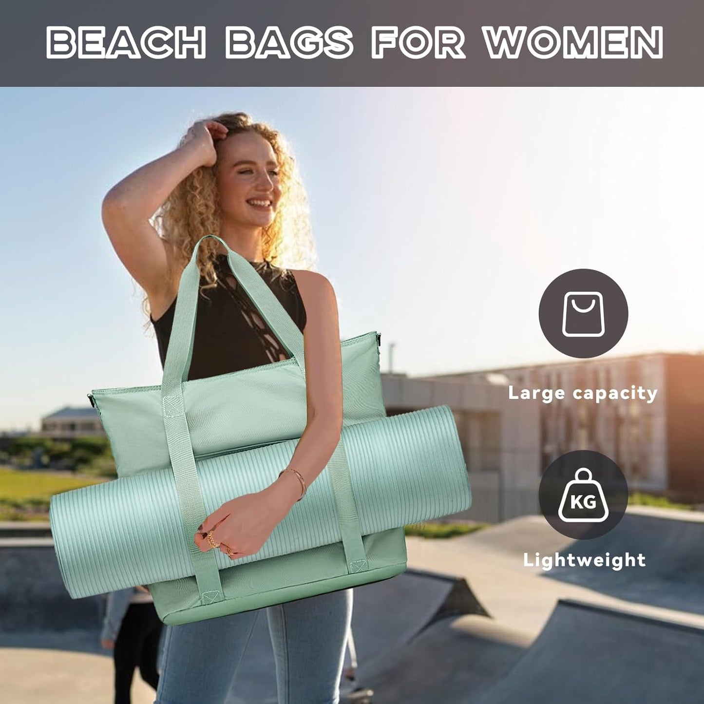 LEDAOU Beach Bags for Women, Beach Bags Waterproof Sandproof, Packable Beach Tote Bag with Zipper Travel Sports