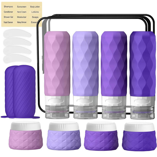 16Pack Travel Bottles for Toiletries, TSA Approved Travel Size Toiletries Containers Set, Silicone Leak Proof Refillable Bottles Elastic Sleeves Creams Jars Accessories Kit W/Clear Bag (Purple)