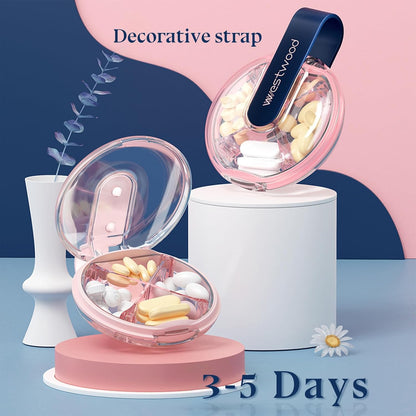 1 Pack Easy-to-Hold Small Round Pink Pill Organizer with Decorative Strap, 4 Compartments, Compact Travel Pill Box Case, Portable and Moistureproof to Store Vitamins, Medication and Supplements