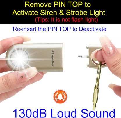 130dB Personal Safety Alarm Strobe Light. Loud Sound Keychain Siren with Carabiner for Women, School Children, Night Runners, Hiking. Bear Alarm Deterrent. SOS Emergency Self Defense Alerts. Gold