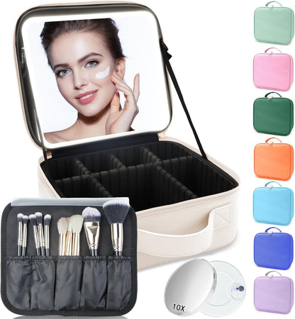 Makeup Bag with Led Mirror,Travel Makeup Organizer with 3 Color Setting & 10X Magnifying Mirror, Portable Storage and Adjustable Dividers Travel Makeup Bag-white