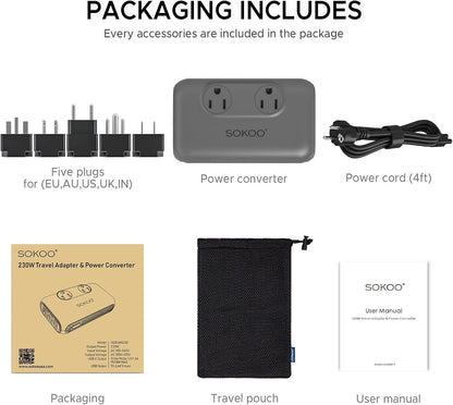 SOKOO 230-Watt Step Down 100-220V to 110V Voltage Converter, International Power Converter/Travel Adapter- Use for EU/UK/AU/US/India More Than 150 Countries, USB Quick Charger 3.0 Grey