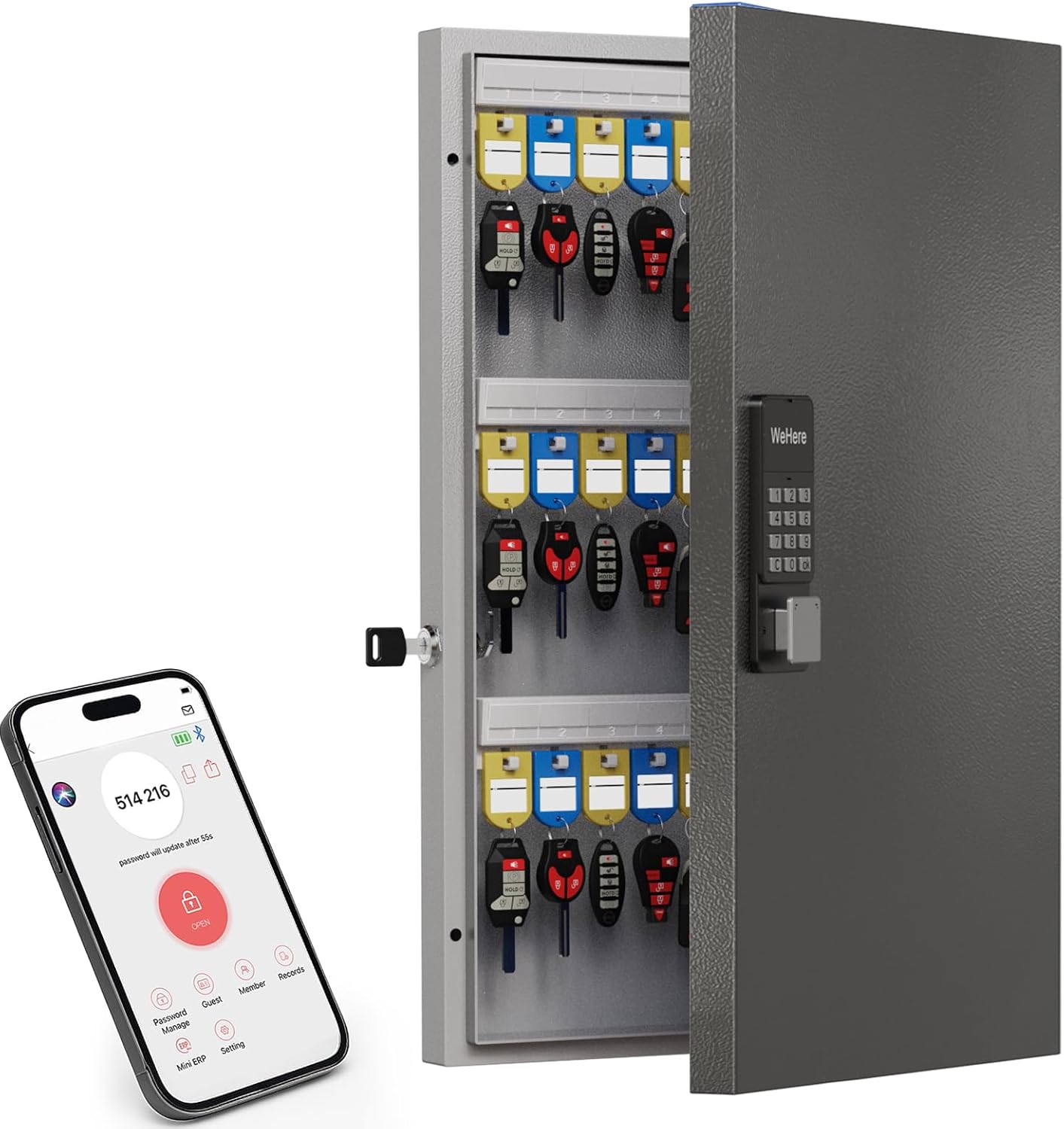 72 Key Cabinet Organizer,Metal Key Lock Box Wall Mount use OTP Technology Unlock,Fixed Password/Bluetooth Unlock, App Remotely Generates Pin Codes Without Internet,Great for Key Hook & Storage