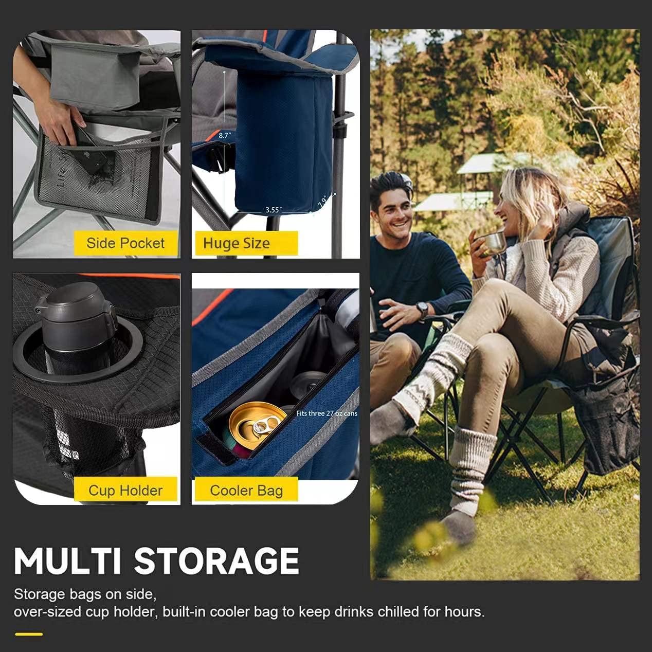 FAIR WIND 2 Pack Oversized Fully Padded Camping Chair with Lumbar Support, Heavy Duty Cooler Bag Fold Chair Support 450 LBS