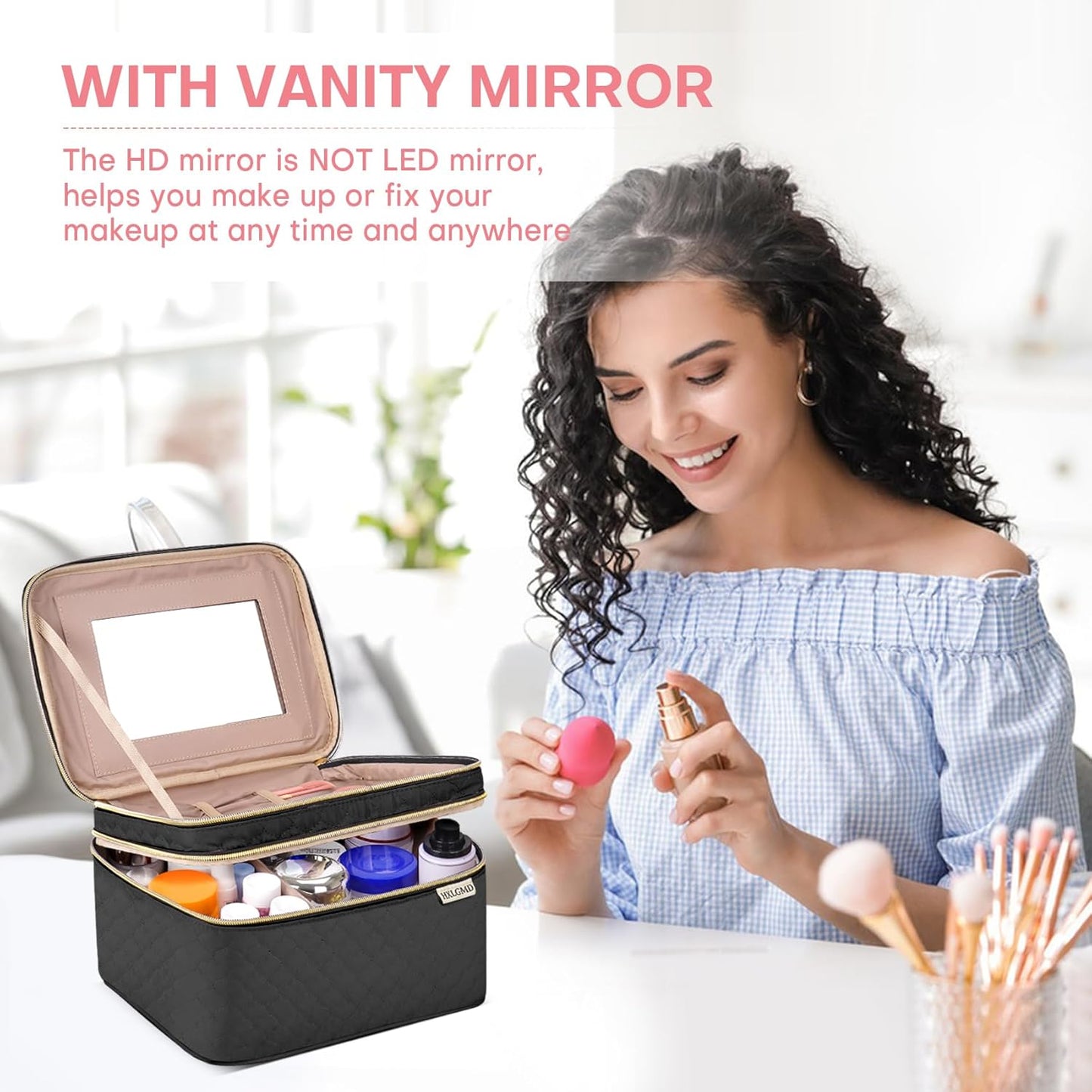 Double Layer Travel Makeup Bag Women, Cosmetic Organizer Case, Travel Essentials Accessories with Shoulder Strap for Bottles, Brushes, Conditioner, Skin Care Products, Black