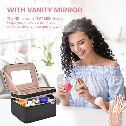 Large Makeup Bag with Mirror Double Layer Travel Make Up Organizer Case, Large Capacity Coemetic Bag with Brush Slot Divider