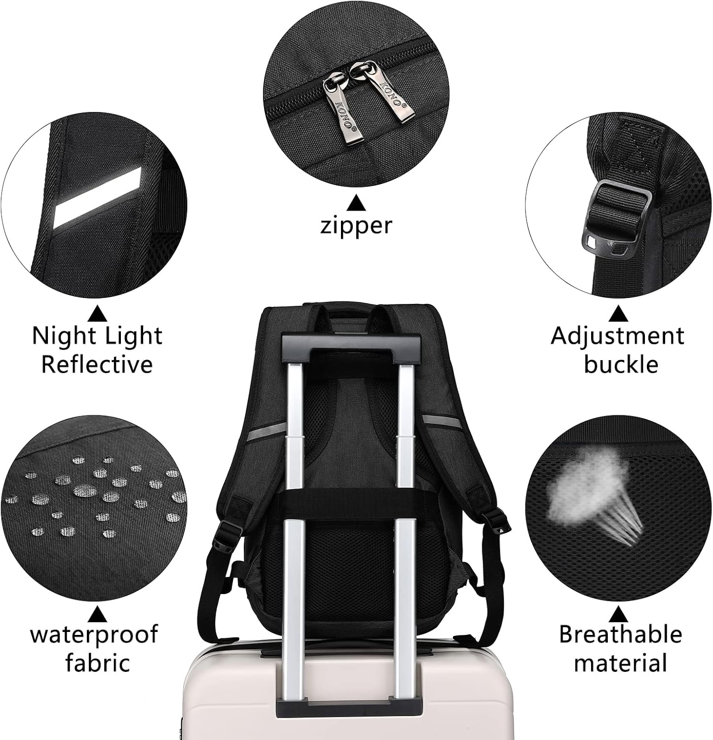 Kono Carry on Backpack, 16" Airplane Approved Under Seat Travel Backpack for Men and Women, Waterproof Lightweight Daypack for Flight 20L (Black, Small)