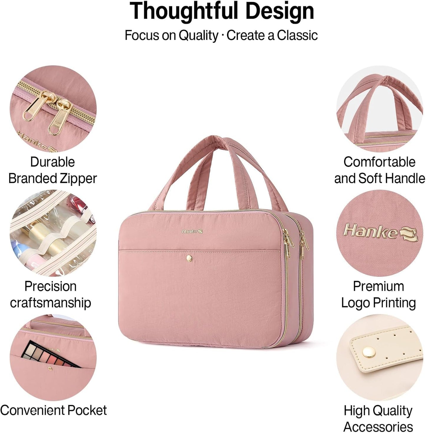 Hanke Hanging Travel Toiletry Bag for Women with Jewelry Organizer Compartment, Travel Essentials Toiletries and Makeup Bag, Water-Resistant & Stain-Resistant with Trolley Strap (Pink)