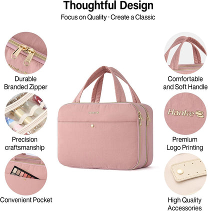 Hanke Hanging Travel Toiletry Bag for Women with Jewelry Organizer Compartment, Travel Essentials Toiletries and Makeup Bag, Water-Resistant & Stain-Resistant with Trolley Strap (Pink)
