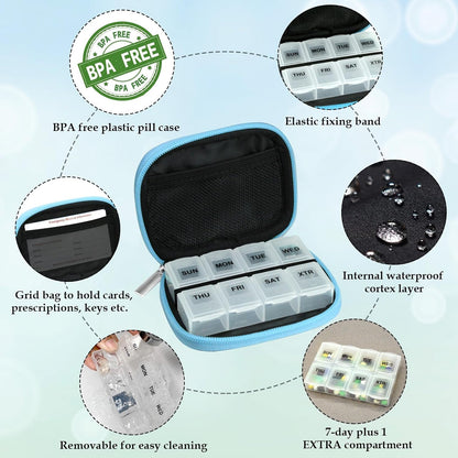 Serfeymi Weekly Travel Pill Organizer Pill Case for Purse with Removable 7 Day Pill Box, Fashionable Travel Medicine Organizer Pill Container for Medicine, Vitamin, Supplement - Blue 03 + Pill Box