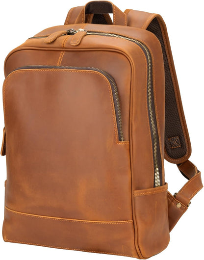 Leather Backpack for Men 15.6" Laptop Backpack 100% Madagascar top-Grain Leather Backpack Light Brown Medium Size