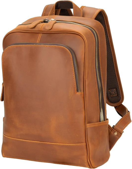 Leather Backpack for Men 15.6" Laptop Backpack 100% Madagascar top-Grain Leather Backpack Light Brown Medium Size