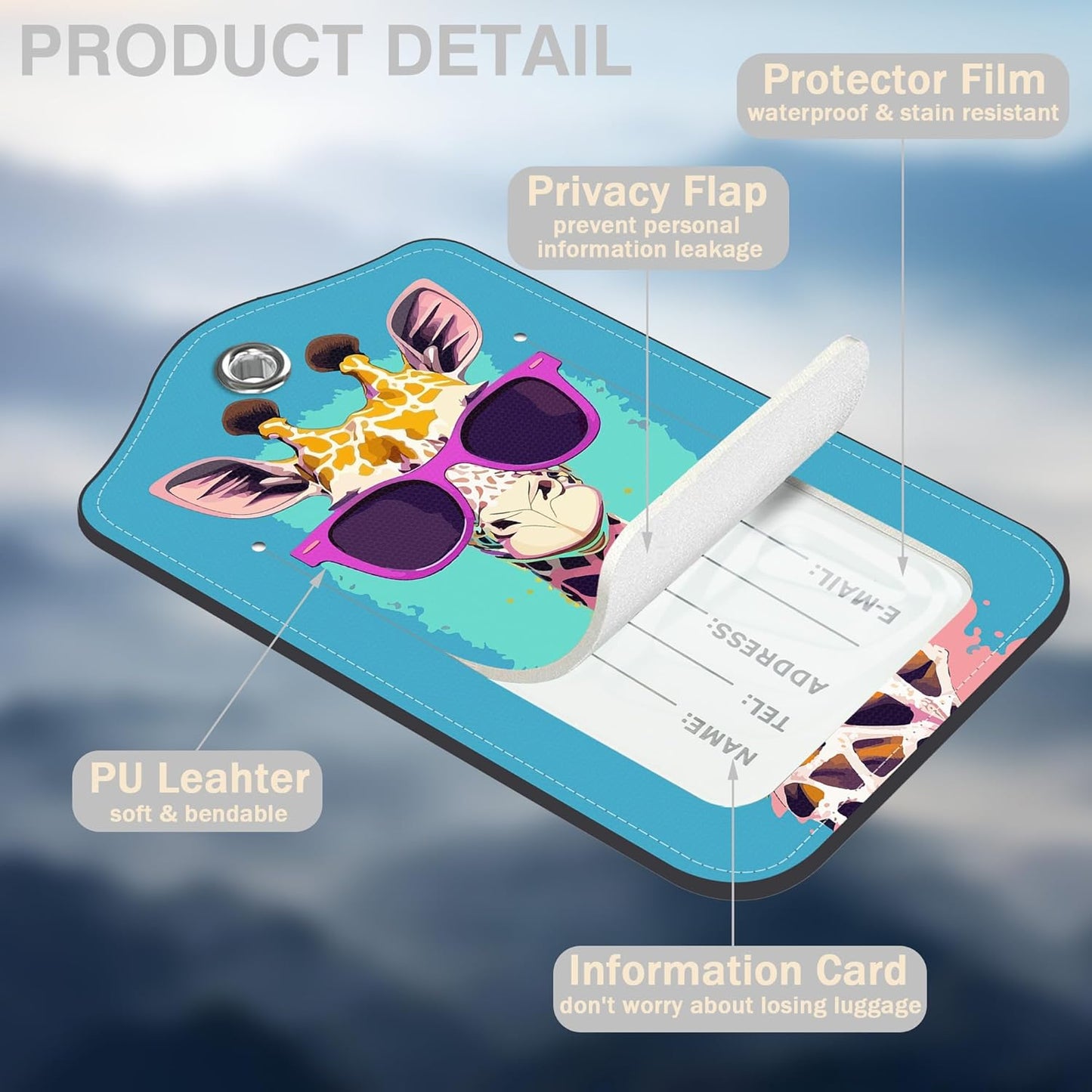 2 Pcs Giraffe in Sunglasses Luggage Tags for Suitcases PU Leather Baggage Tags Name ID Label with Privacy Cover and Stainless Steel Loop for Men Women Travel Bag Suitcase