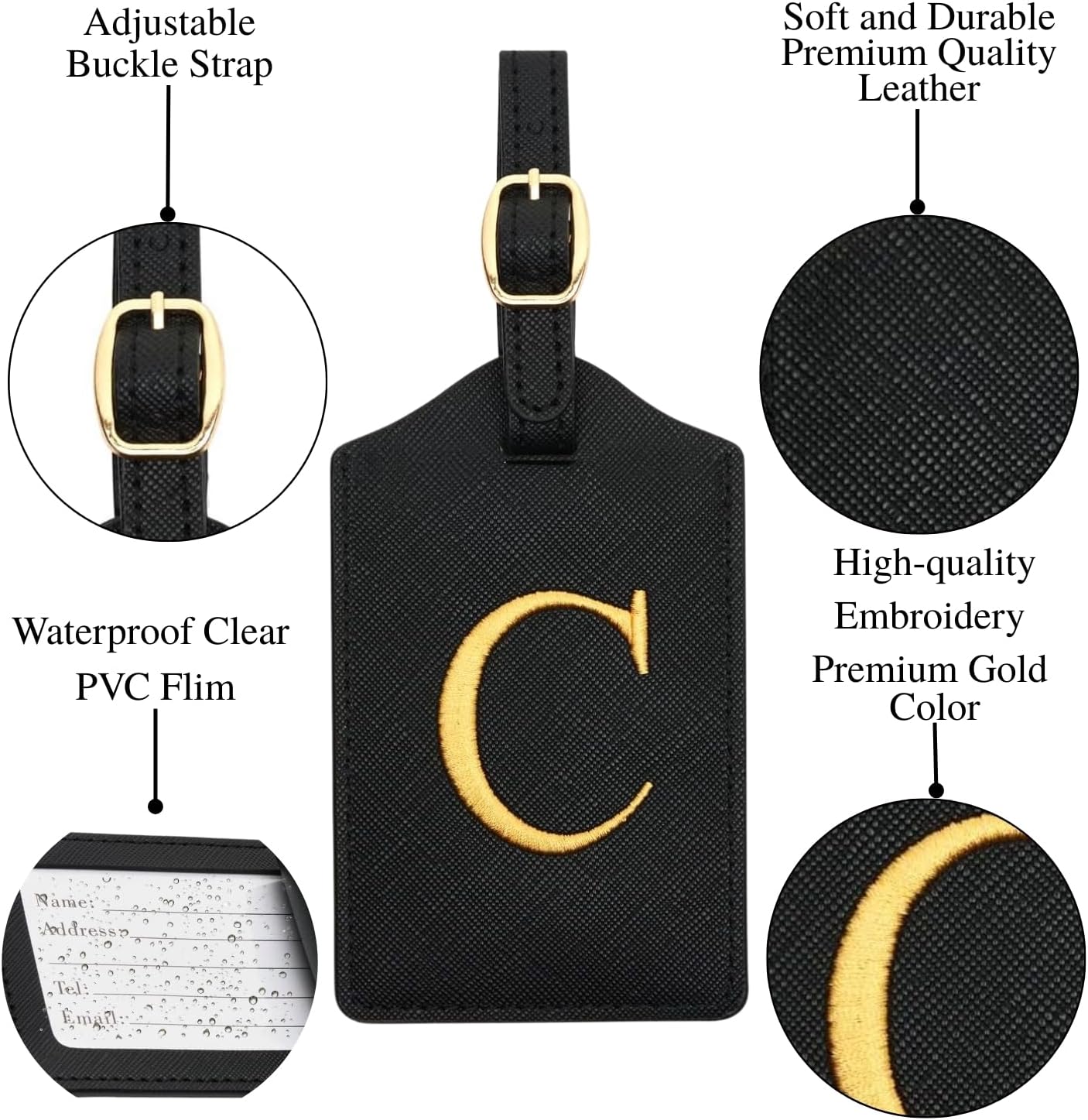 Luggage Tag PU Leather for Suitcase Baggage Handbag Travel Bag Label Suitcase Tag Label Tag w. Name Card & Privacy Cover (C)