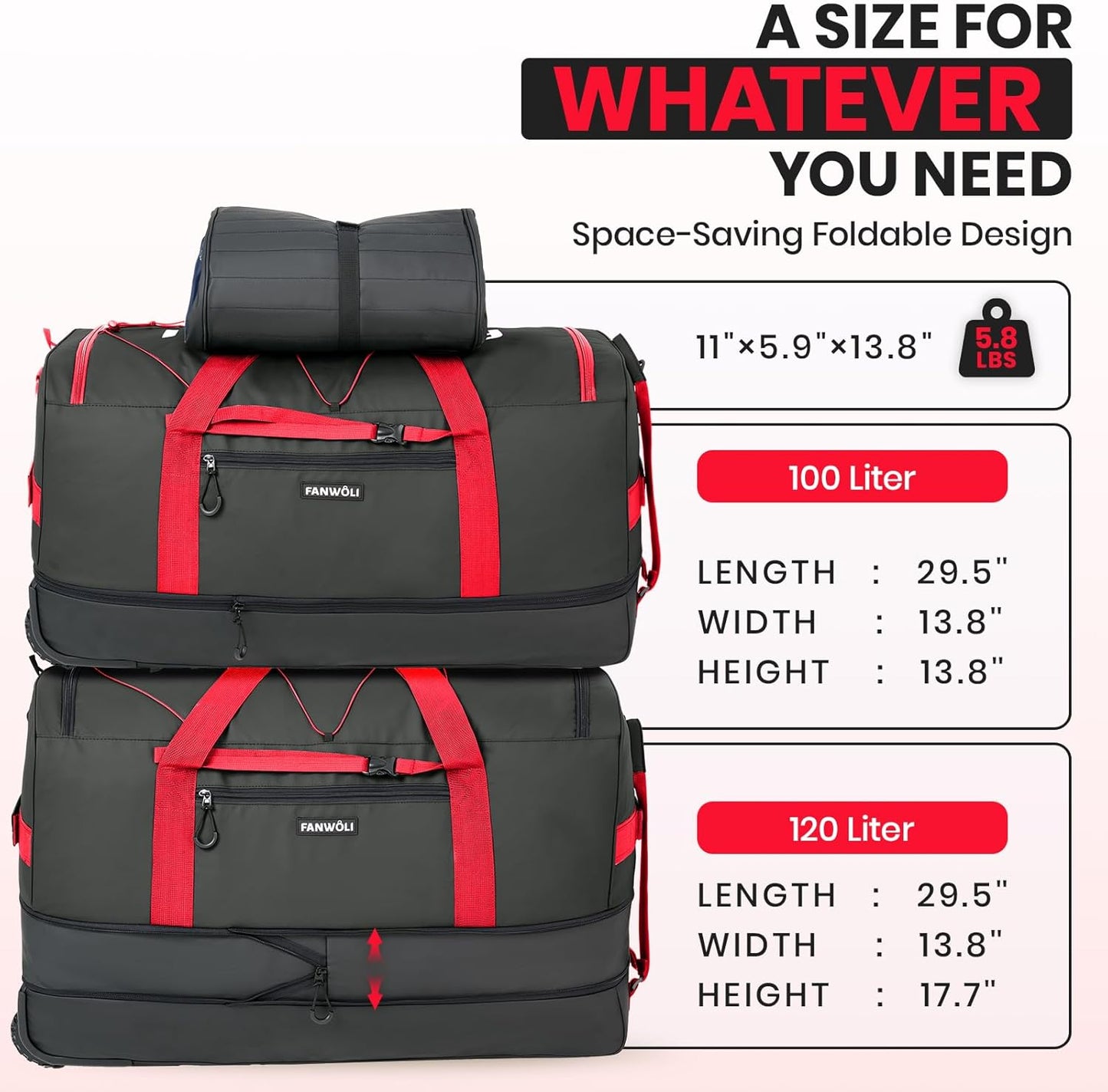 Fanwoli 30'' Rolling Duffel Bag with 2 Wheels - No-Sag Design for Heavy Loads, Expandable 100L-120L Luggage with Soft Handle & Lock, Waterproof Foldable Lightweight with for Travel, Camping,Moving