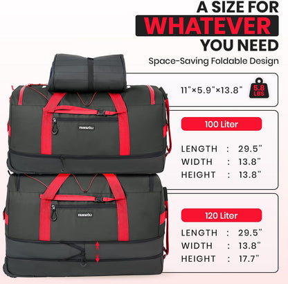 Fanwoli 30'' Rolling Duffel Bag with 2 Wheels - No-Sag Design for Heavy Loads, Expandable 100L-120L Luggage with Soft Handle & Lock, Waterproof Foldable Lightweight with for Travel, Camping,Moving
