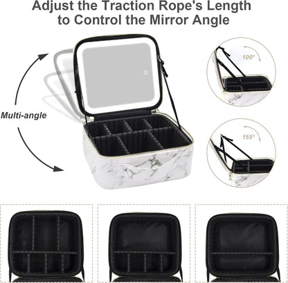 Makeup Bag with Mirror and Light, Makeup Case with Lighted Mirror, Travel Makeup Bag with Light up Mirror 3 Color Lights, Makeup Organizer Bag with Adjustable Dividers & Brush Holder(Marble)