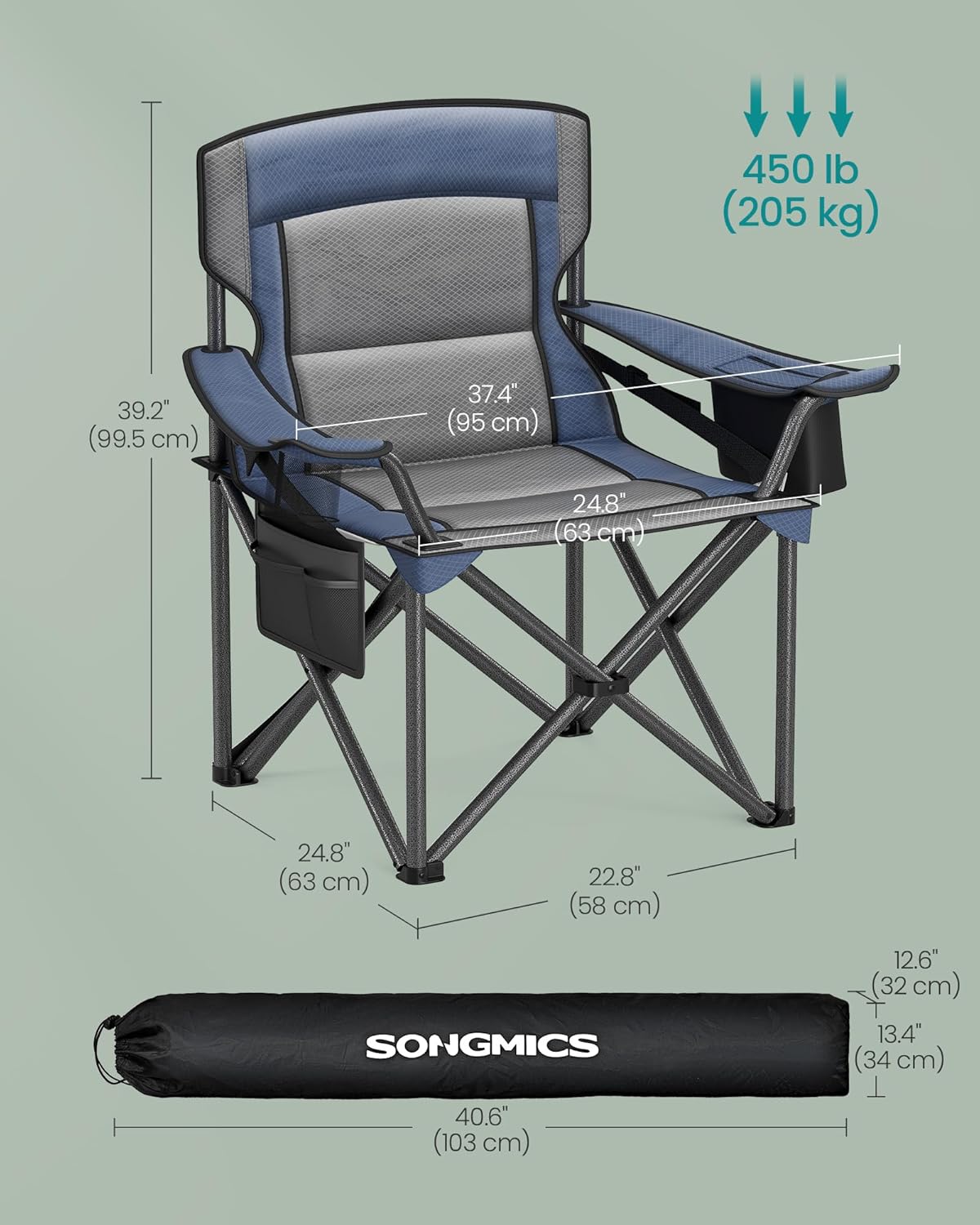 SONGMICS Oversized Lumbar Support Camping Chair, Heavy-Duty Outdoor Folding Chair Comfortable, Padded, Glamping, Cooler Bag, Weight Capacity 450 lb, Harbor Blue UGCB066Q01